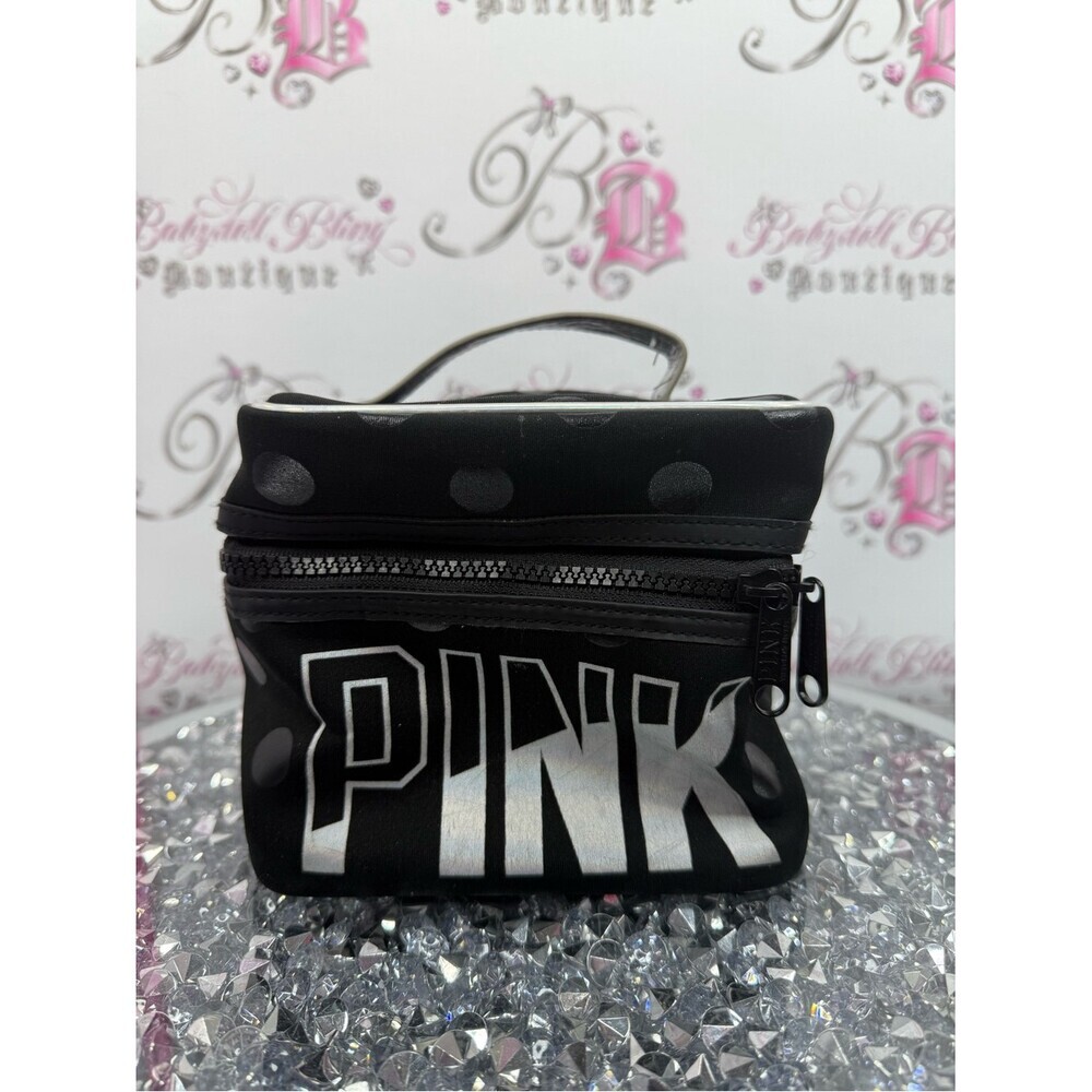 PINK Victoria's Secret makeup bag Black and Silver Polka Dot Cosmetic Pouch